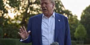 President Donald Trump speaks with reporters before boarding Marine One on the South Lawn of the White House, Tuesday, June 24, 2025, in Washington. (AP Photo/Evan Vucci)